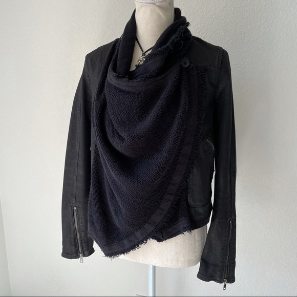 FREE PEOPLE BLACK SCARF WRAP AROUND BOHO FESTI DENIM MOTO JACKET SIZE 0 - Picture 3 of 11